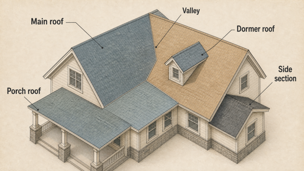 Labeled complex residential roof showing main roof, porch roof, dormer roof, side section and valley