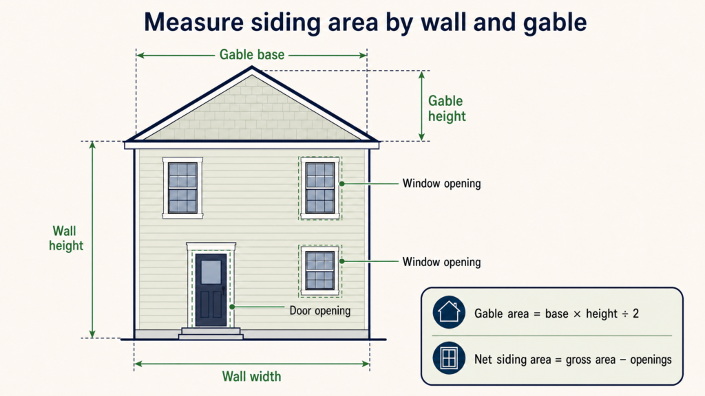 Labeled house elevation showing wall width and height, gable base and height, windows, door, and siding measurement formulas.