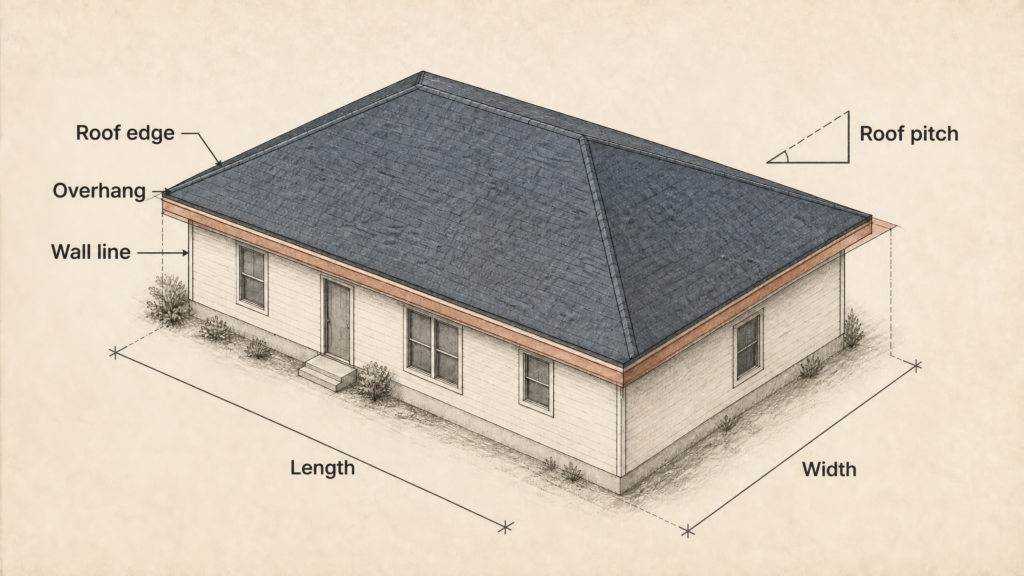 Labeled illustration of a house roof showing wall line, roof edge, overhang, length, width, and roof pitch