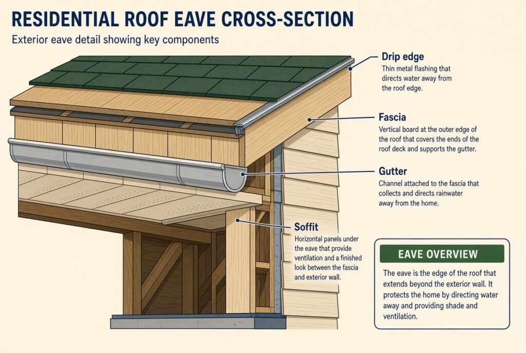 Labeled cross-section diagram of a house eave showing fascia board, soffit panels, roof drip edge flashing, and gutter