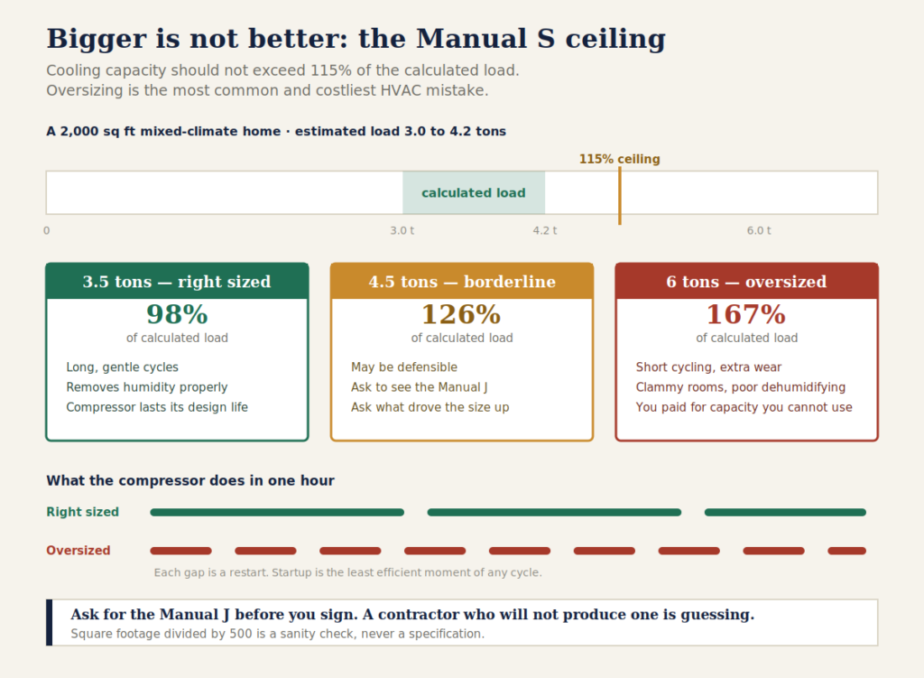 Labeled diagram comparing a right-sized 3.5 ton system, a borderline 4.5 ton system, and an oversized 6 ton system against the ACCA Manual S 115 percent cooling capacity ceiling