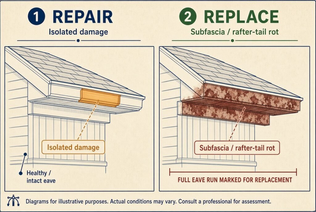 Side-by-side illustration comparing localized soffit and fascia repair on a short damaged section versus full eave replacement when rot reaches subfascia or rafter tails