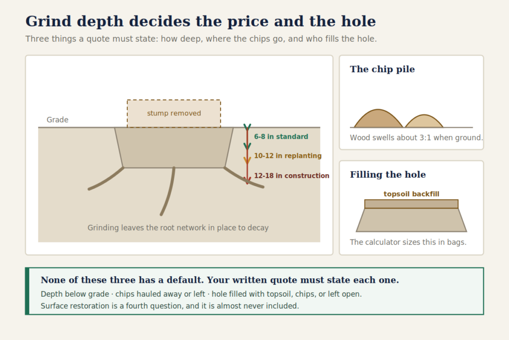 Labeled cross section showing stump grinding depth below grade, the wood chip pile produced, the remaining hole and the topsoil needed to backfill it